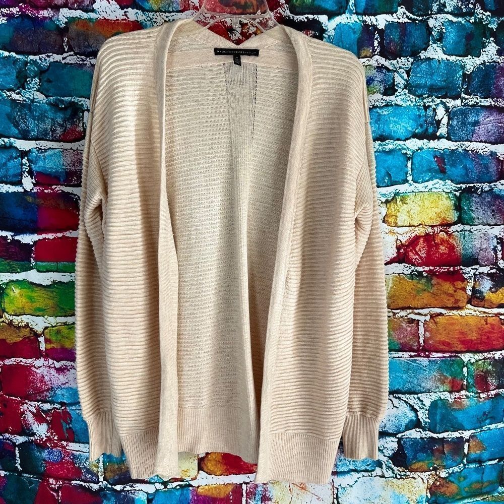 White House Black Market WHBM Cream Light Tan Open Ribbed Cardigan Wool Blend S